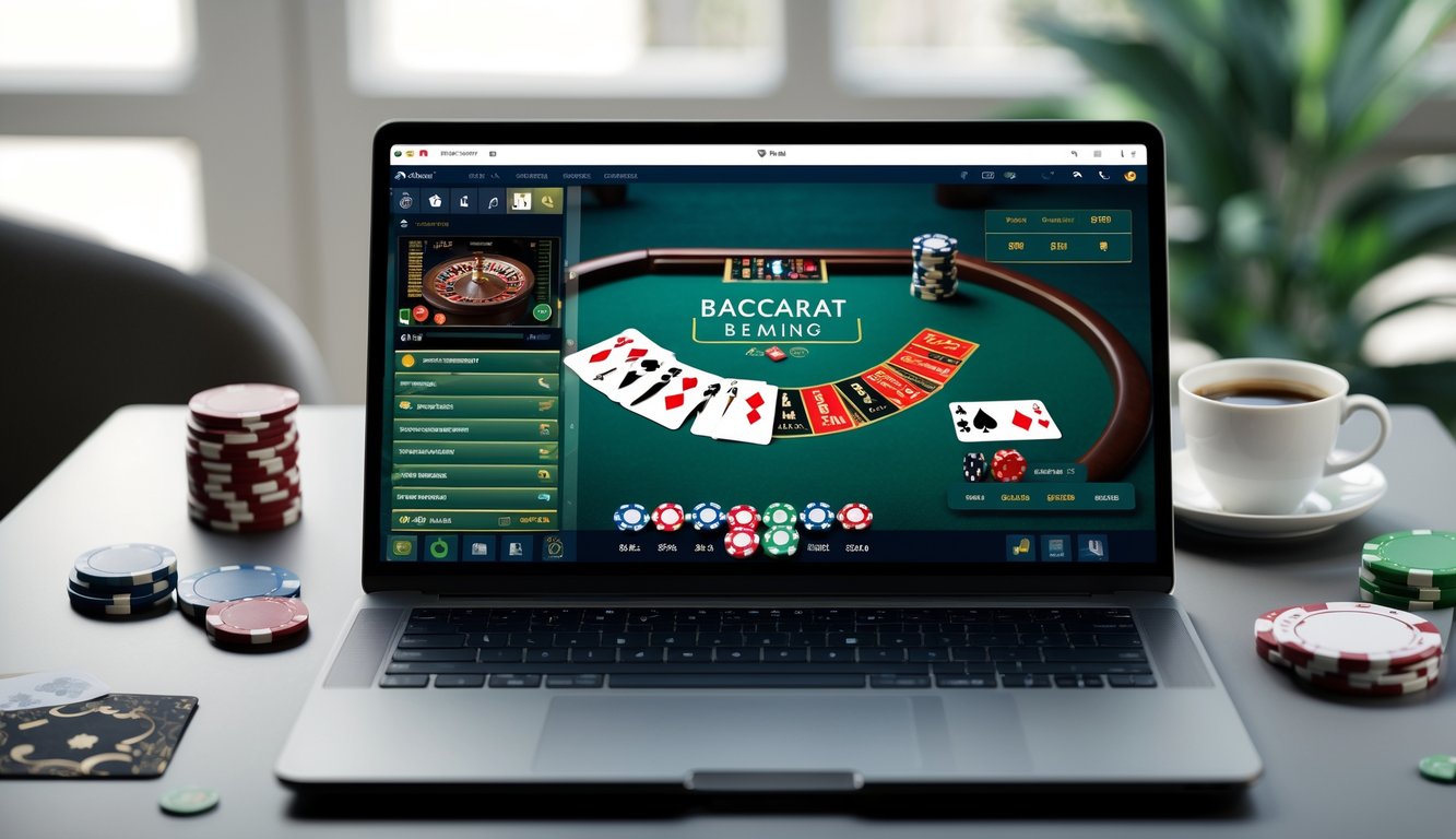 Seorang pemula sedang menggunakan laptop dan ponsel untuk bermain baccarat online dengan kartu dan chip di meja yang rapi.