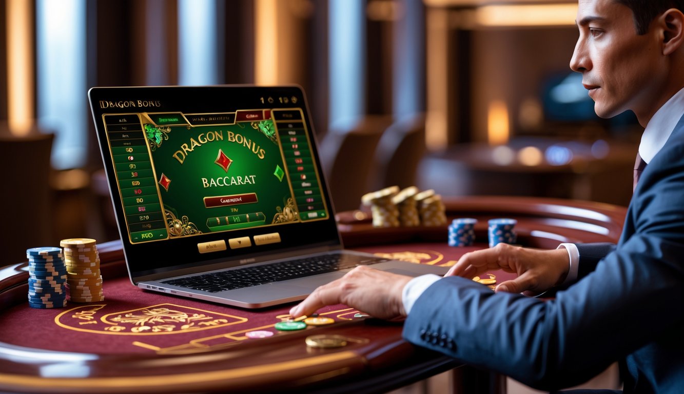 Seorang pemain sedang melihat layar laptop yang menampilkan permainan baccarat dengan chip dan kartu di atas meja kayu.