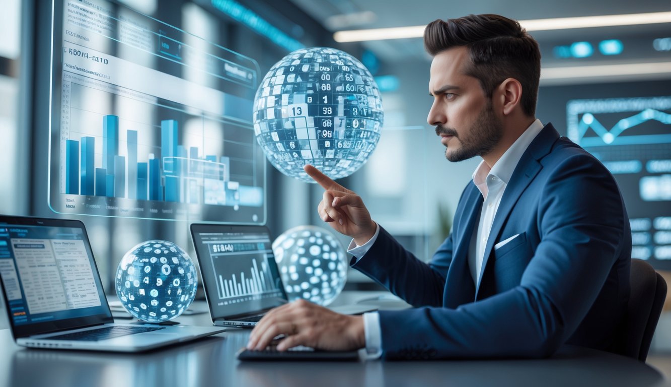 Seorang pria di kantor modern sedang menganalisis data angka pada layar digital transparan dengan grafik 3D dan model prediksi.