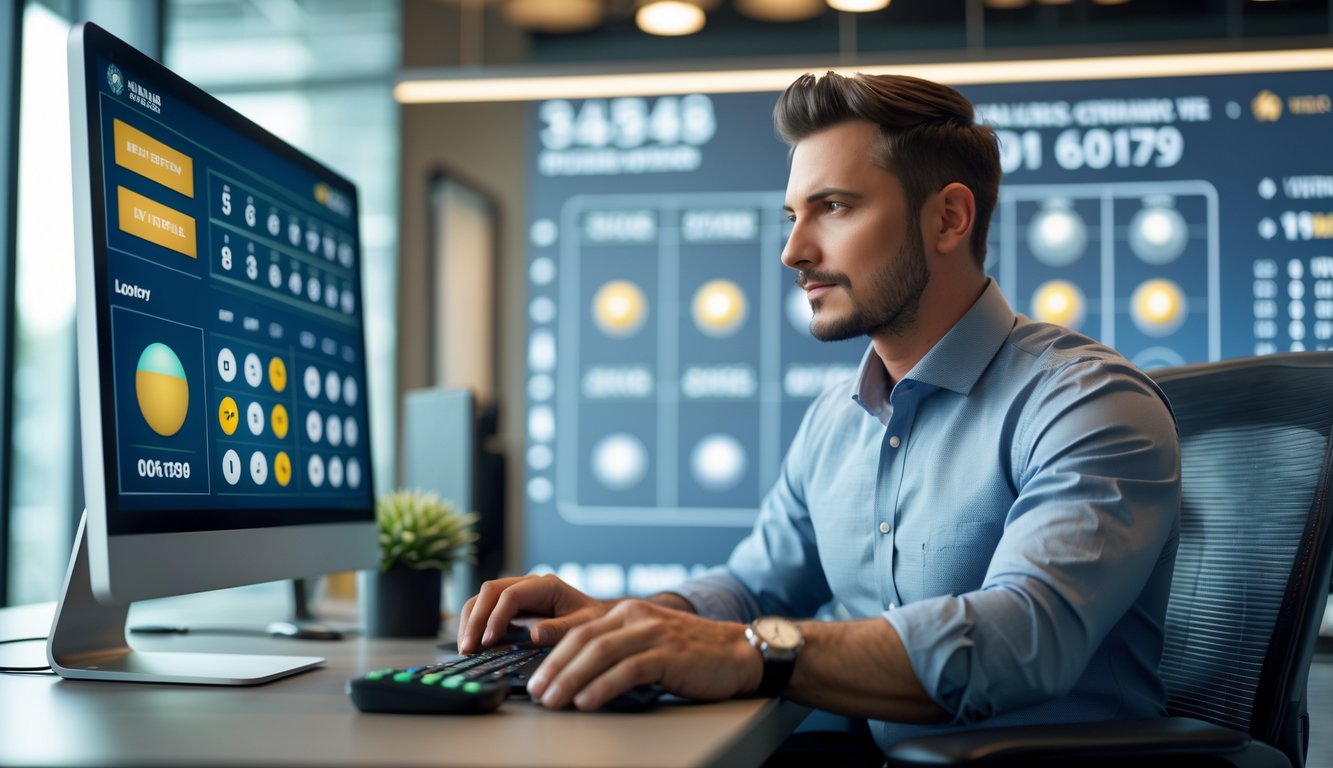 Seorang pria fokus duduk di meja kantor modern sambil menganalisis hasil togel di layar komputer besar.