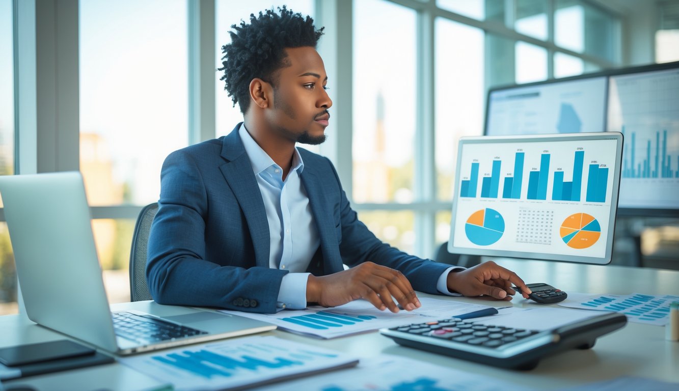 Seseorang duduk di meja kerja modern, memeriksa grafik dan angka di layar laptop dengan suasana kantor yang terang dan rapi.