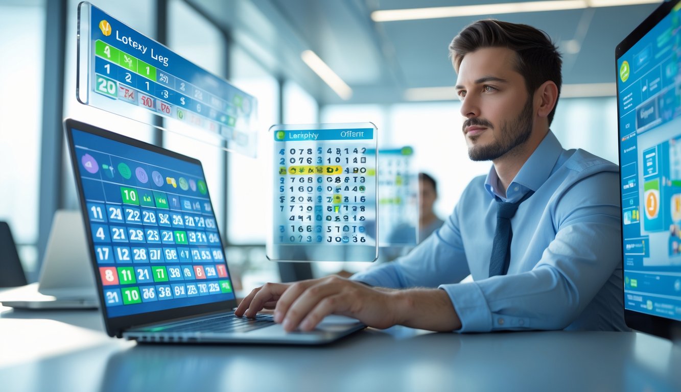 Seseorang sedang menganalisis data togel 3D di depan beberapa layar digital dalam ruangan kantor modern.