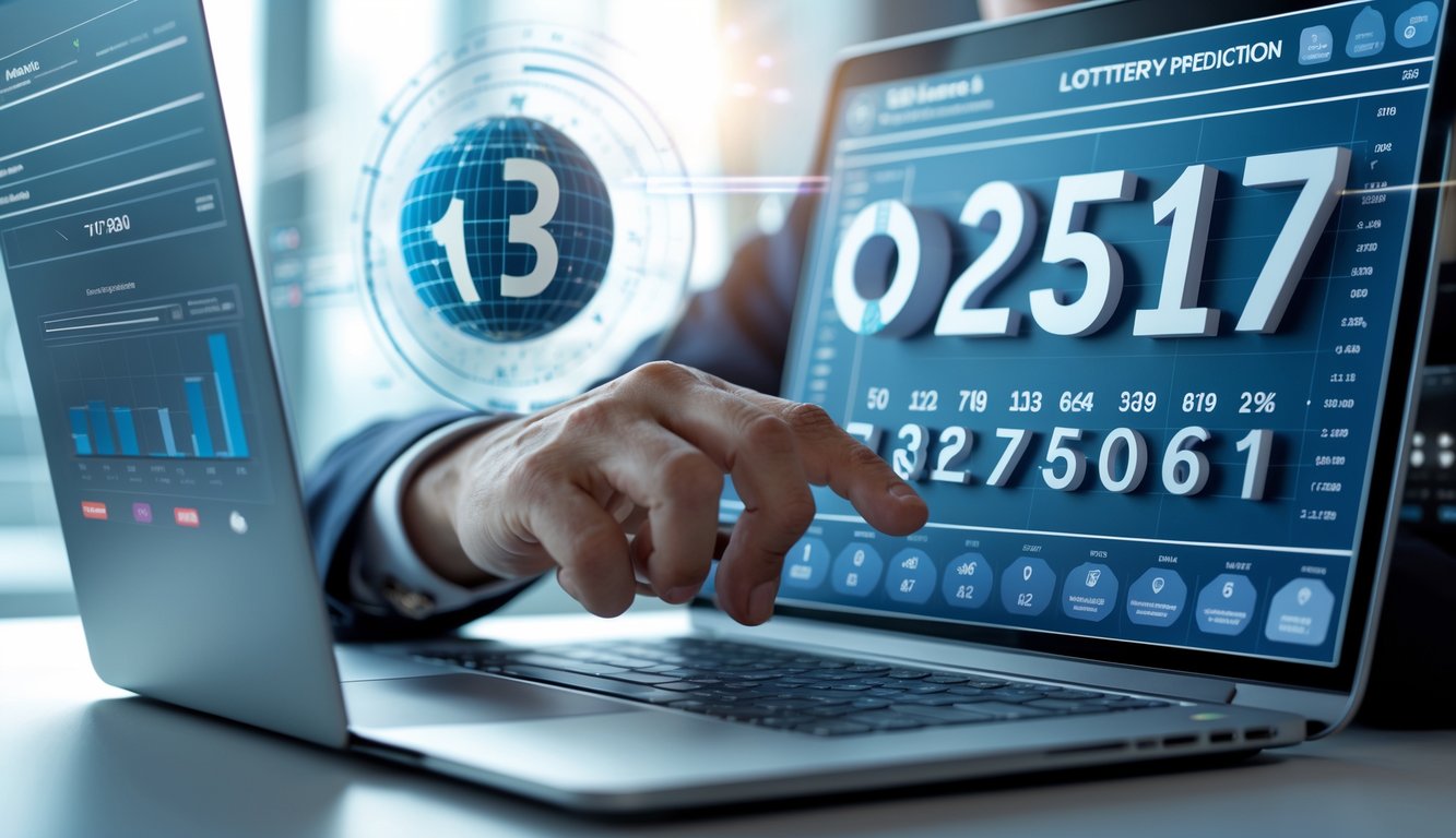 Seorang profesional sedang menganalisis data angka 3D pada layar laptop di ruang kerja modern.