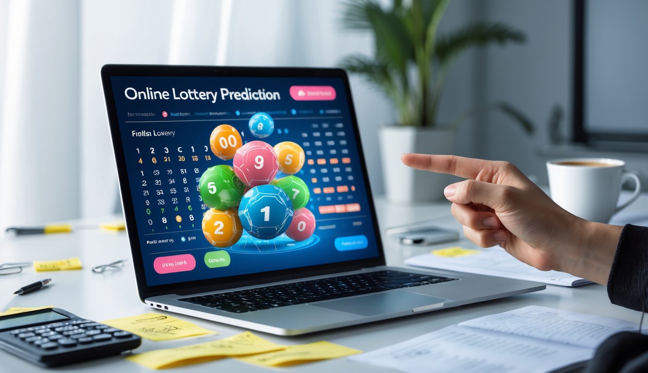 Seseorang menggunakan laptop dengan layar menampilkan angka dan grafik prediksi togel 3D di meja kerja yang rapi.