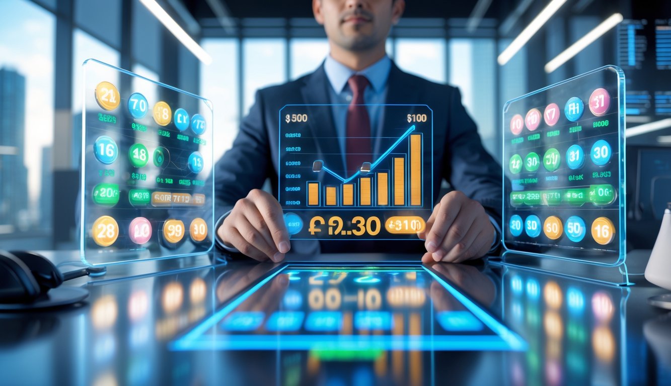 Seorang profesional di kantor modern sedang menganalisis data lotre 3D pada layar digital dengan latar belakang pemandangan kota futuristik.