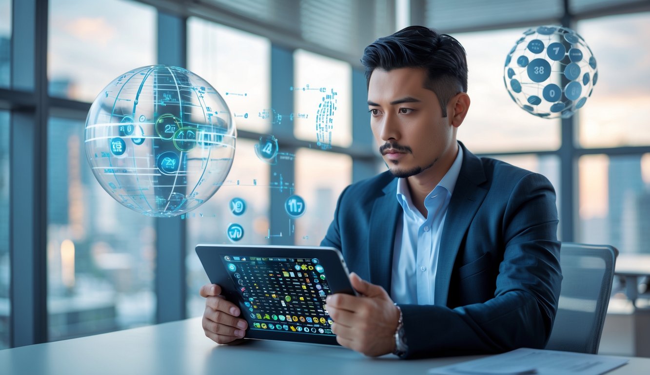 Seorang pria berpakaian rapi sedang melihat tablet digital dengan grafik 3D di kantor modern.