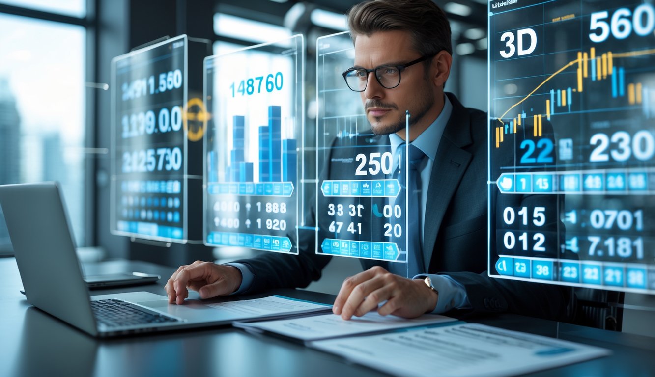 Seorang profesional sedang menganalisis data angka togel 3D di layar digital di sebuah kantor modern.