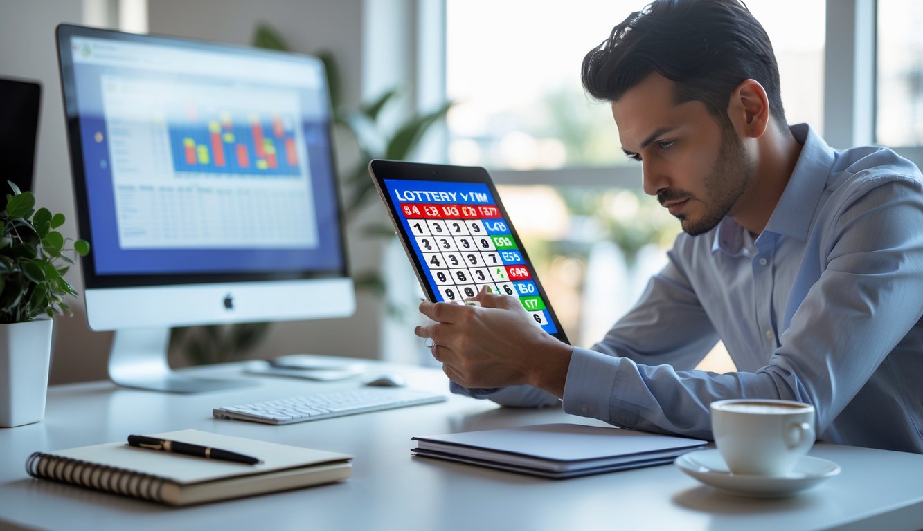 Seseorang sedang menganalisis angka togel di tablet di sebuah meja kerja dengan alat tulis dan kopi, di ruang kantor yang terang.