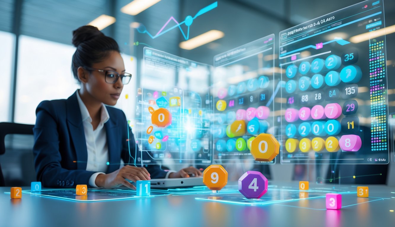 Seorang profesional sedang menganalisis data angka 3D dengan teknologi modern di ruang kantor yang terang.