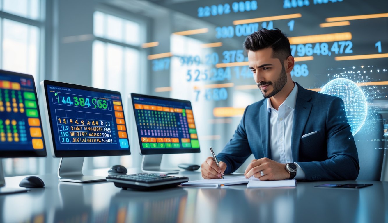 Seorang pria profesional duduk di meja dengan beberapa layar komputer yang menampilkan angka togel dan grafik, tampak fokus menganalisis data dalam suasana kantor modern.