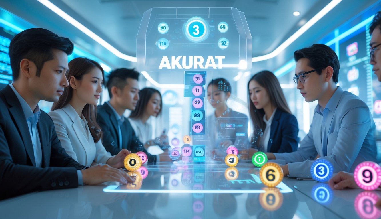 Beberapa orang sedang menggunakan layar digital transparan dengan angka dan grafik 3D di ruangan modern yang terang.