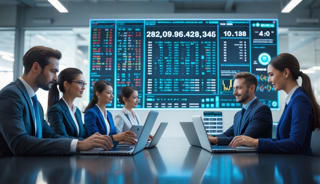 Sekelompok profesional sedang menganalisis data angka lotre 3D di kantor modern dengan layar digital dan perangkat elektronik.