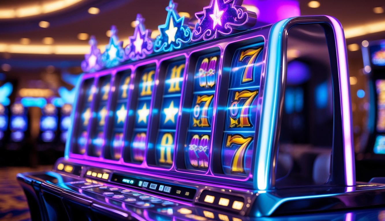 Mesin slot bertema putri bintang yang berwarna-warni dengan lampu menyala di dalam kasino.