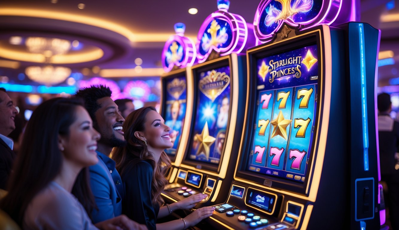 Orang-orang bermain mesin slot berwarna-warni dengan suasana kasino yang terang dan hidup.