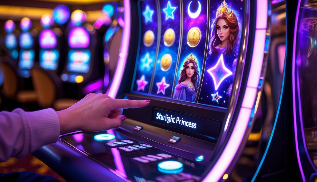 Mesin slot Starlight Princess yang berwarna-warni dengan lampu menyala dan tangan pemain siap menekan tombol putar di kasino.