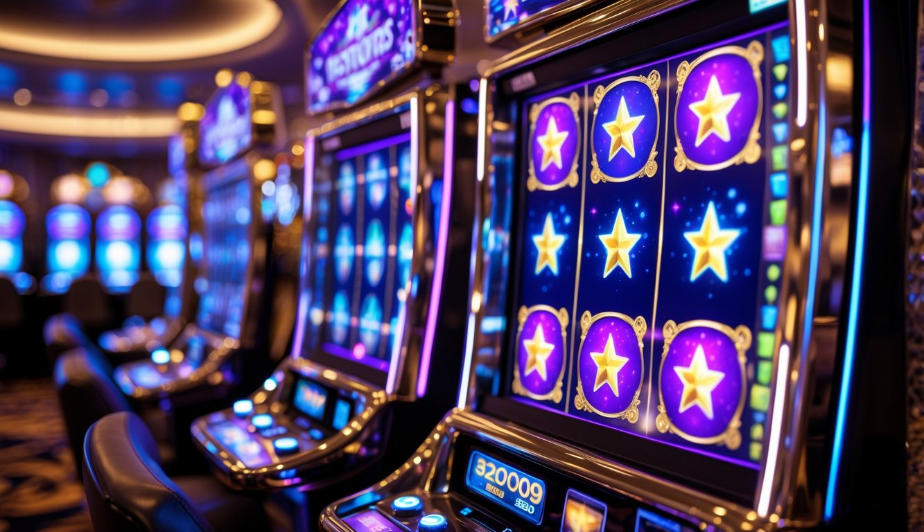 Mesin slot bertema putri dan bintang yang berwarna cerah di dalam kasino dengan pencahayaan mewah.