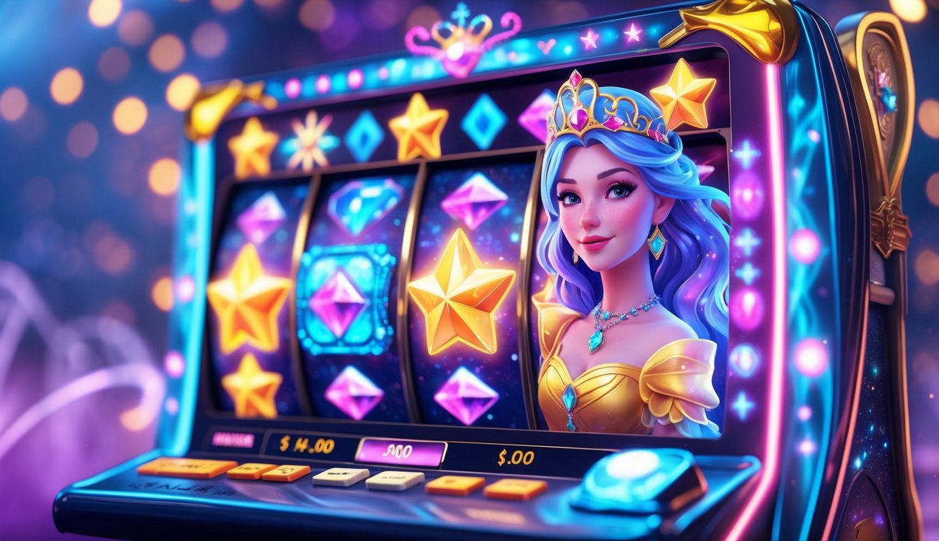 Mesin slot berwarna cerah dengan simbol bintang dan putri bercahaya di latar belakang yang penuh cahaya lembut dan suasana mistis.
