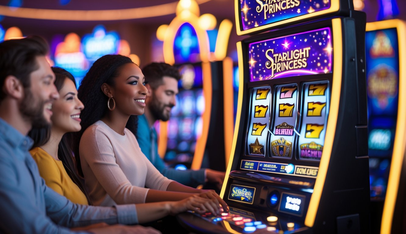 Orang-orang bermain mesin slot dengan lampu warna-warni di kasino yang ramai.