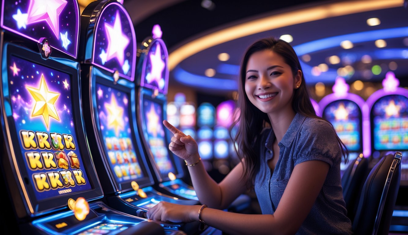 Seorang pemain muda tersenyum dan merayakan kemenangan di depan mesin slot berwarna cerah dengan latar belakang kasino yang modern dan lampu berkilau.