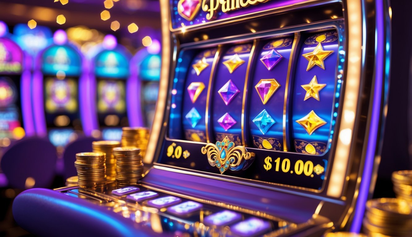 Mesin slot yang berwarna-warni dengan simbol bintang dan permata yang bersinar, dikelilingi oleh cahaya gemerlap dan koin emas yang jatuh, menggambarkan suasana kemenangan jackpot.