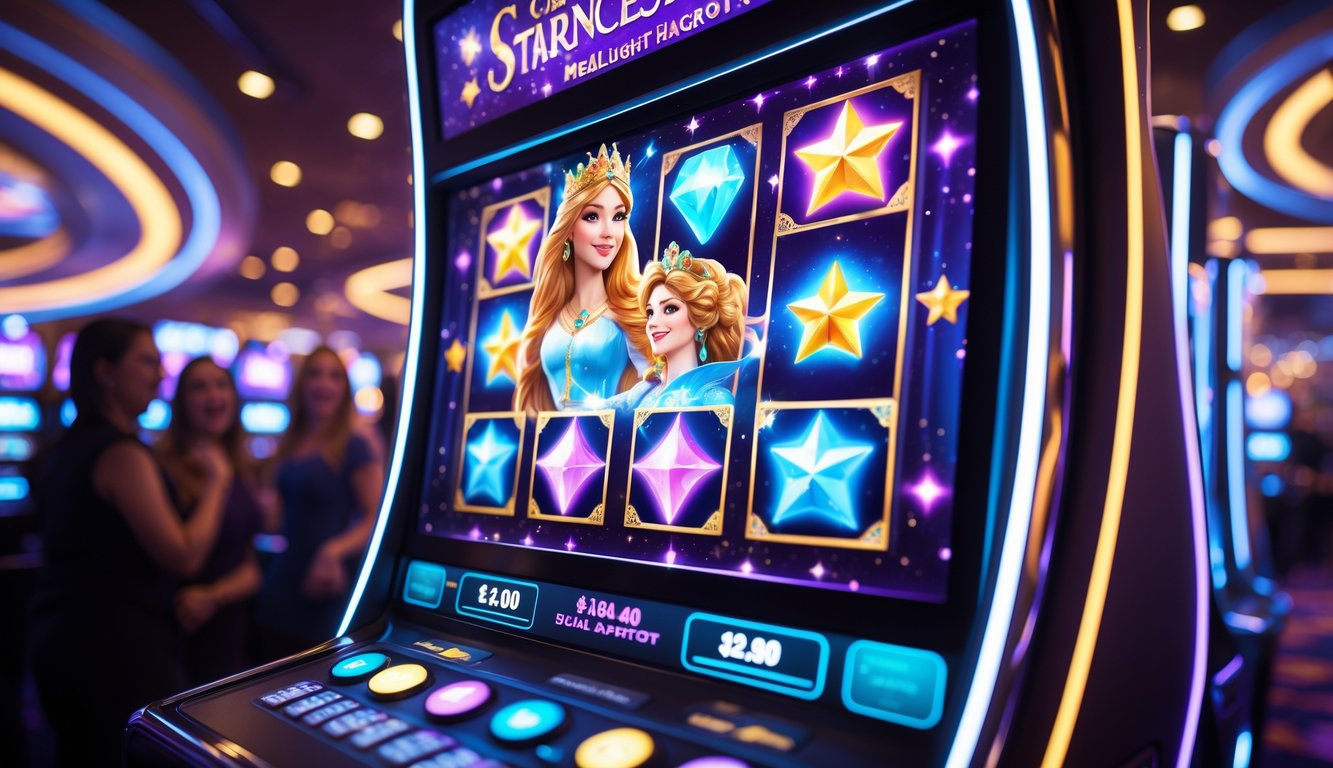 Mesin slot bertema putri dan bintang dengan lampu berkilau di dalam kasino modern yang ramai.