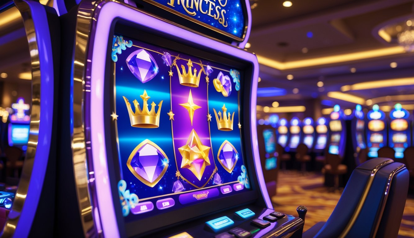 Area mesin slot di kasino dengan mesin slot bertema putri ajaib yang berwarna cerah dan menarik, menampilkan simbol kemenangan dan suasana kasino yang mewah.