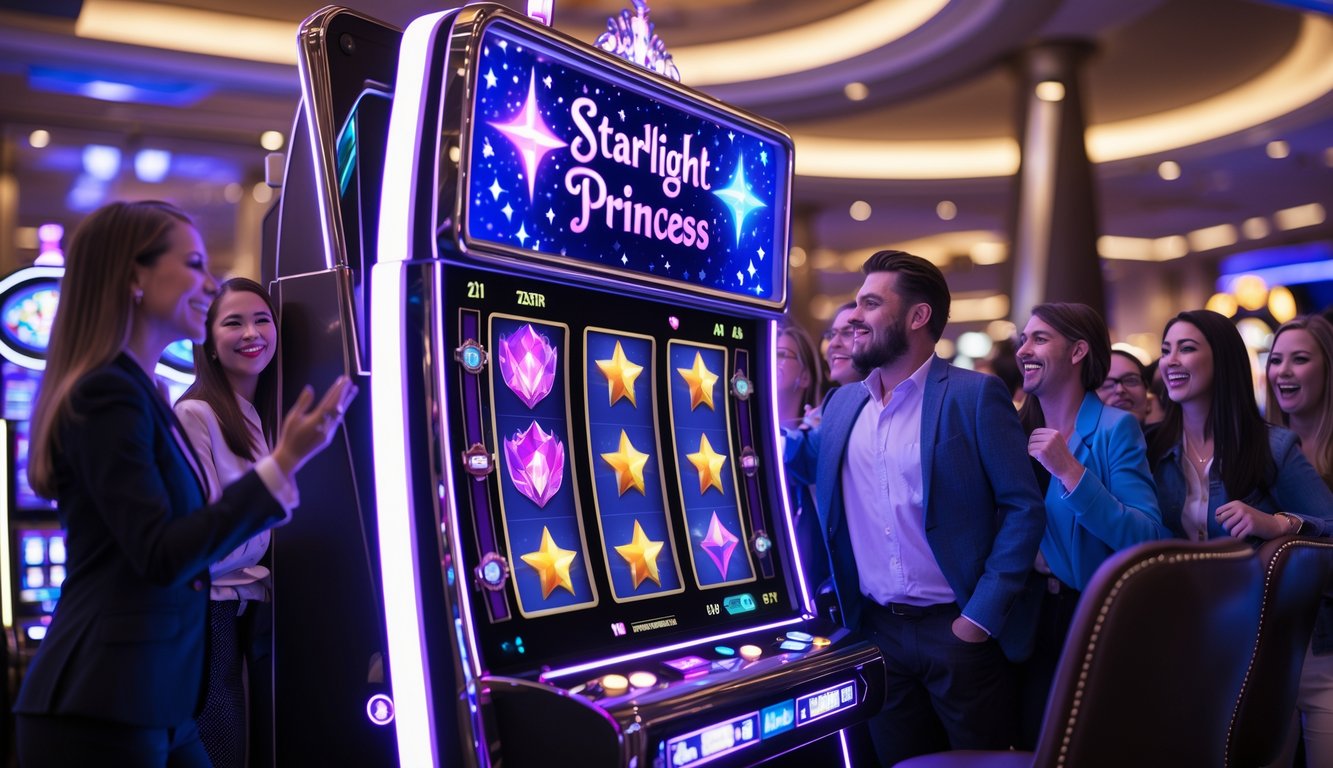 Orang-orang bermain mesin slot bertema Starlight Princess di dalam kasino yang mewah dengan lampu warna-warni dan suasana yang semarak.
