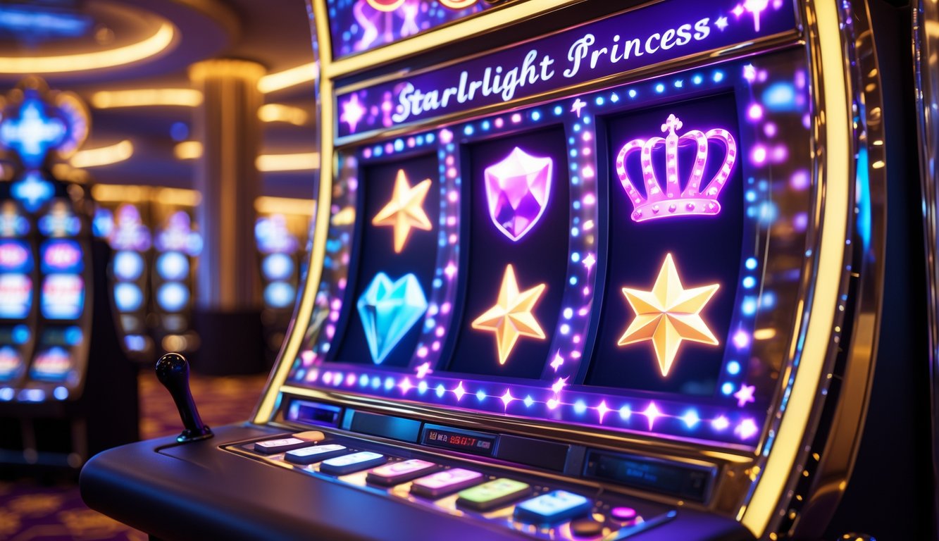 Mesin slot berwarna cerah dengan simbol mahkota dan bintang yang berkilauan di dalam kasino mewah.