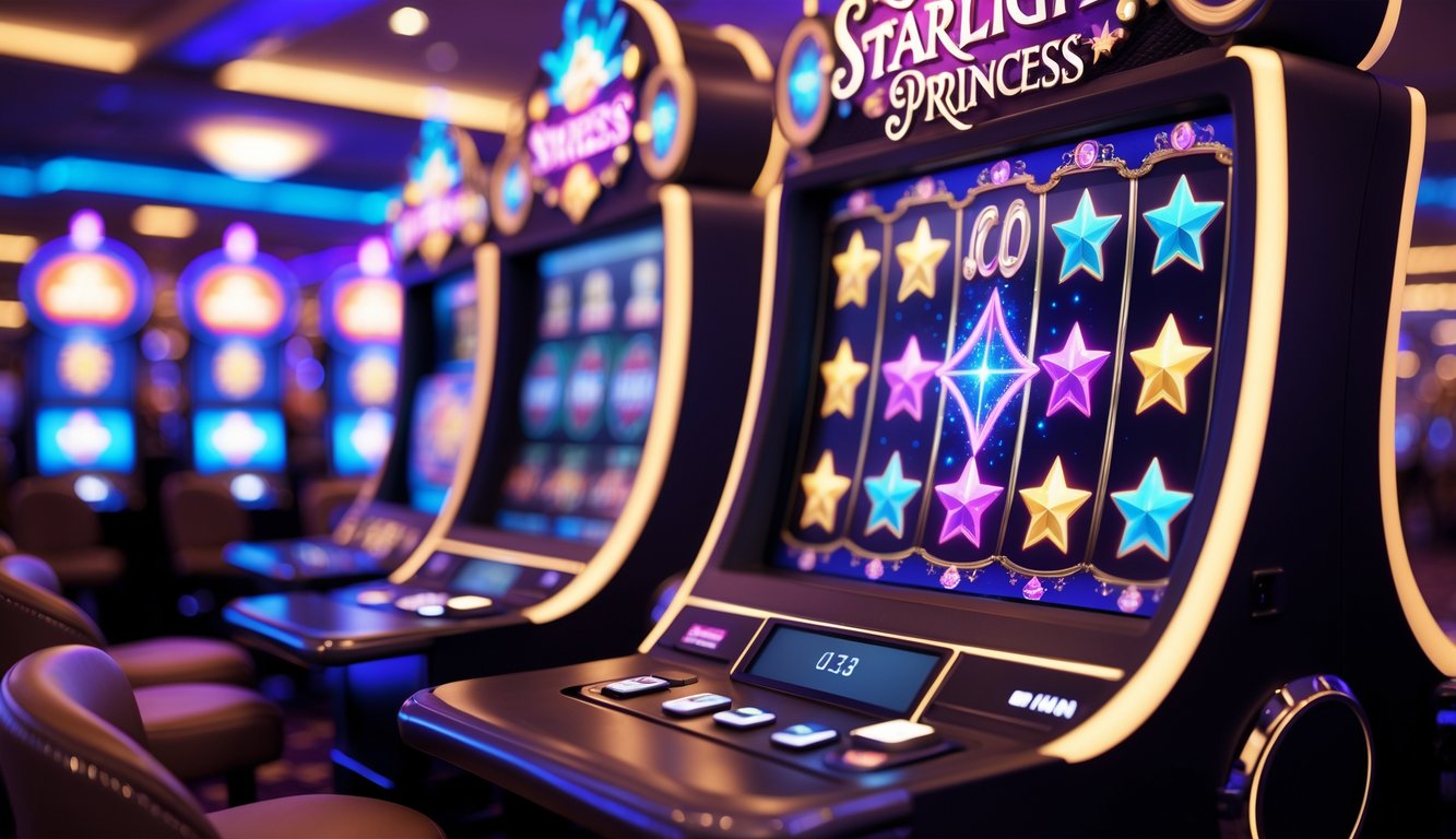 Mesin slot bertema putri bintang yang berwarna-warni dengan lampu menyala di dalam kasino.