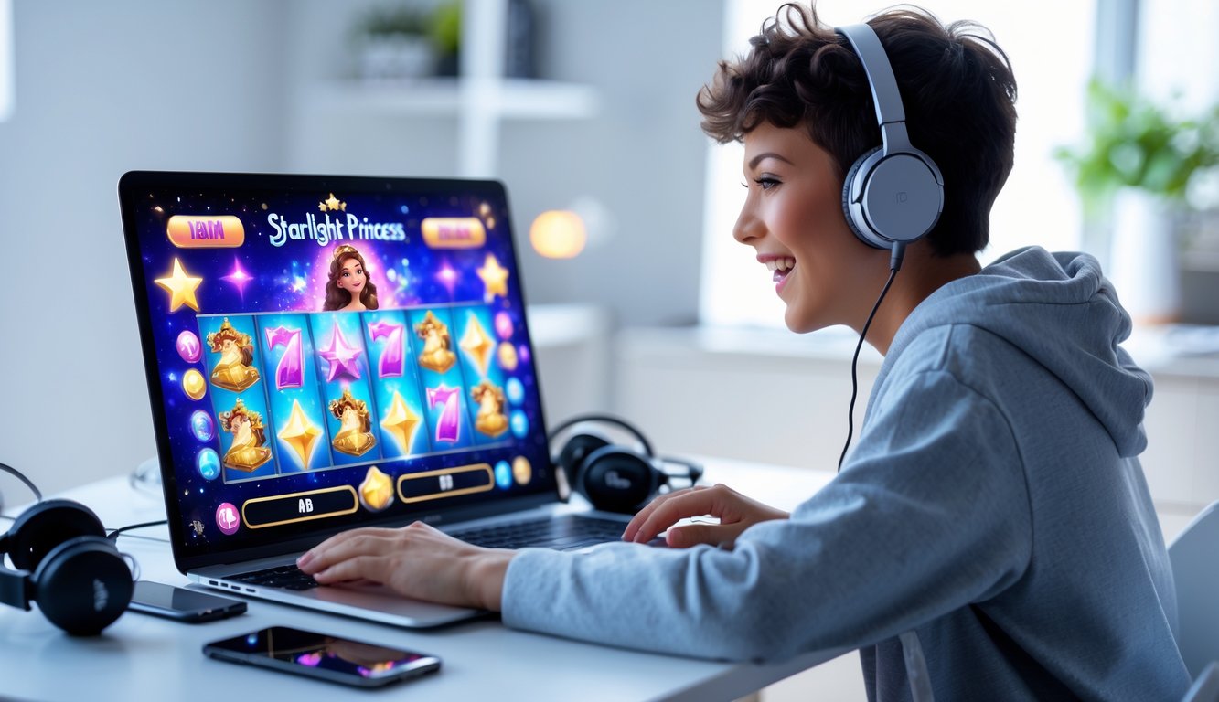 Seorang pemula sedang bermain permainan slot online dengan tema putri bintang di depan laptop di ruang kerja modern.