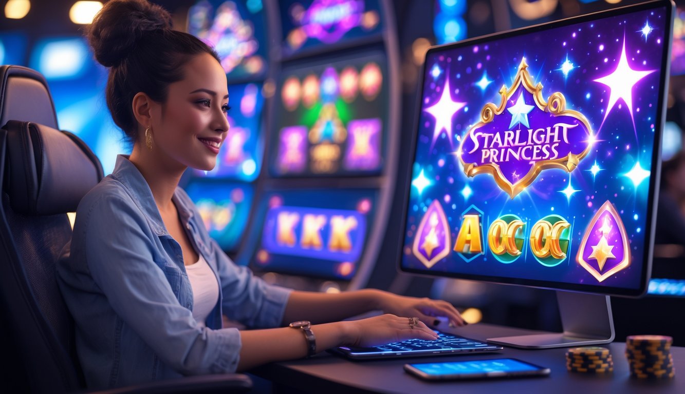 Seorang wanita muda sedang bermain permainan slot Starlight Princess di komputer dengan tampilan layar yang berwarna-warni dan suasana yang hangat dan menyenangkan.