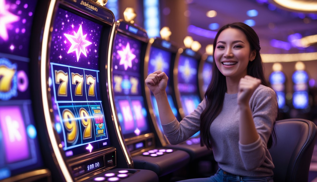 Seorang pemain muda tersenyum gembira sambil merayakan kemenangan besar di depan mesin slot digital yang berwarna cerah dengan latar belakang lampu dan suasana kasino futuristik.