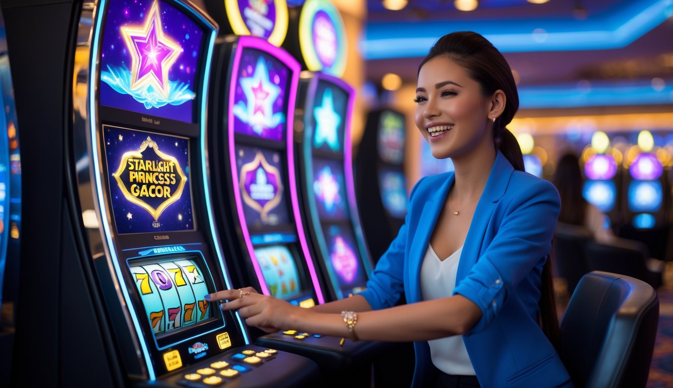 Seorang pemain muda yang percaya diri sedang bermain mesin slot Starlight Princess di kasino yang terang dan modern.