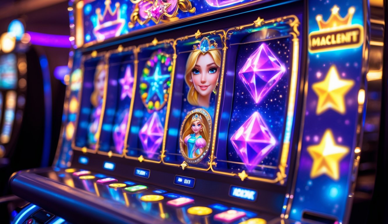 Mesin slot kasino berwarna cerah dengan simbol bintang dan putri yang memancarkan cahaya di latar belakang gelap.