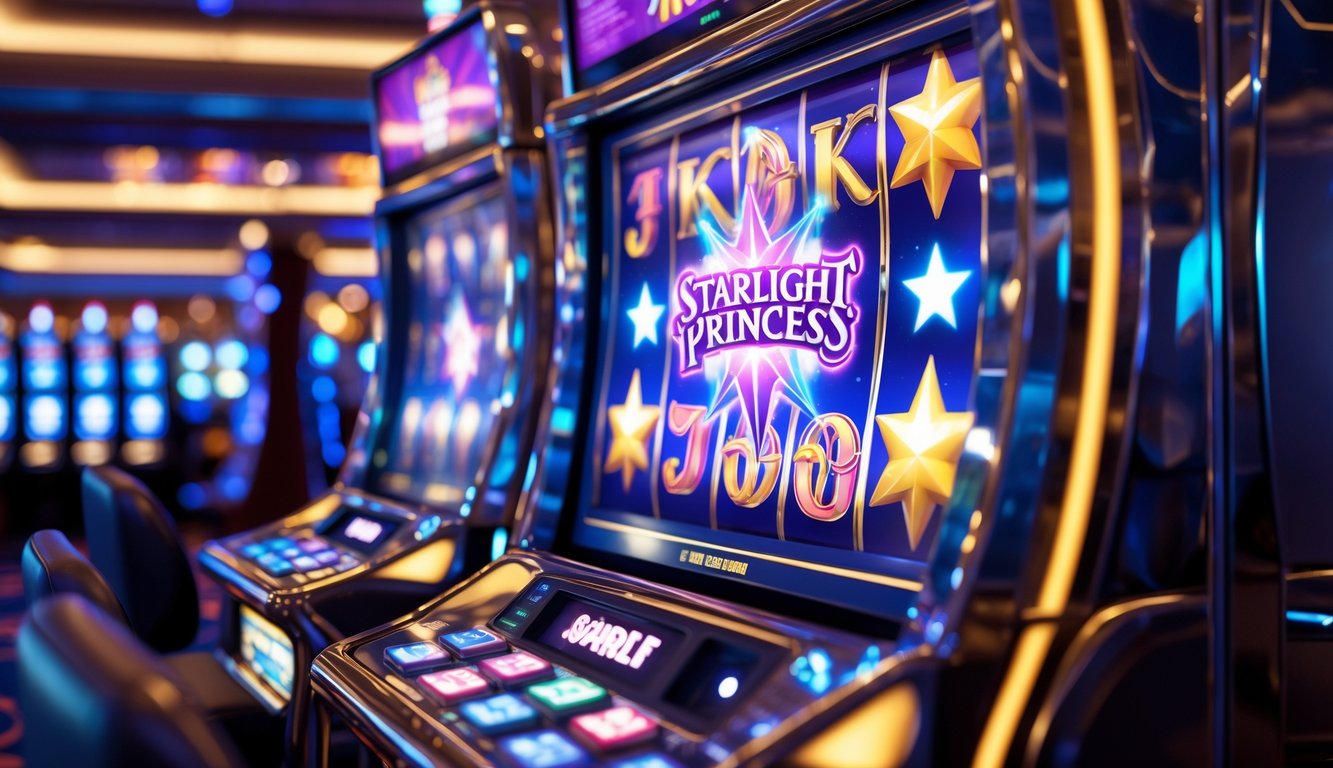 Mesin slot Starlight Princess berwarna cerah di dalam kasino dengan lampu berkilauan dan dekorasi mewah.