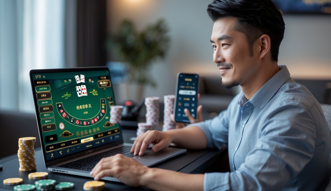 Seorang pria Asia duduk di depan laptop dengan permainan Chinese Blackjack online, tampak fokus dan santai di ruangan yang terang dan rapi.