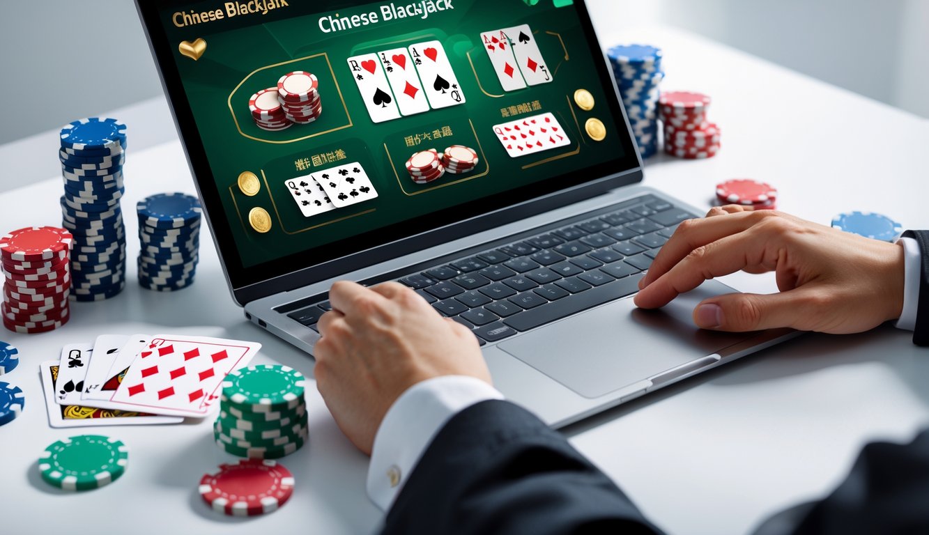 Seorang pemain menggunakan laptop untuk bermain Chinese Blackjack online dengan kartu dan chip poker di meja.