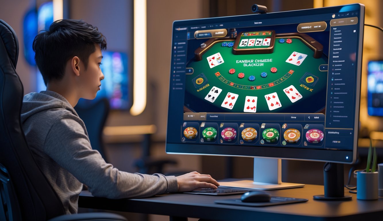 Seorang dewasa muda duduk di depan komputer dengan layar menampilkan permainan Bandar Chinese Blackjack online, fokus belajar bermain di ruangan yang terang dan nyaman.