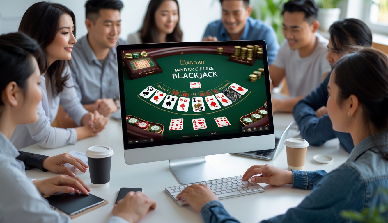 Orang-orang berkumpul di sekitar laptop yang menampilkan permainan Bandar Chinese Blackjack online, terlihat fokus dan tertarik belajar bermain.