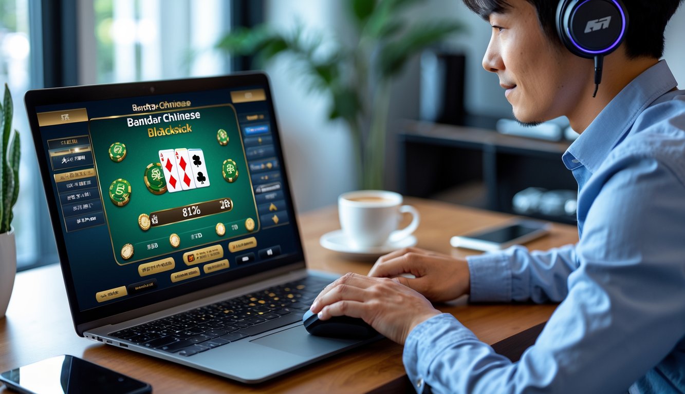 Seorang pemain muda sedang bermain Bandar Chinese Blackjack online di laptop di ruang kerja yang terang dan modern.