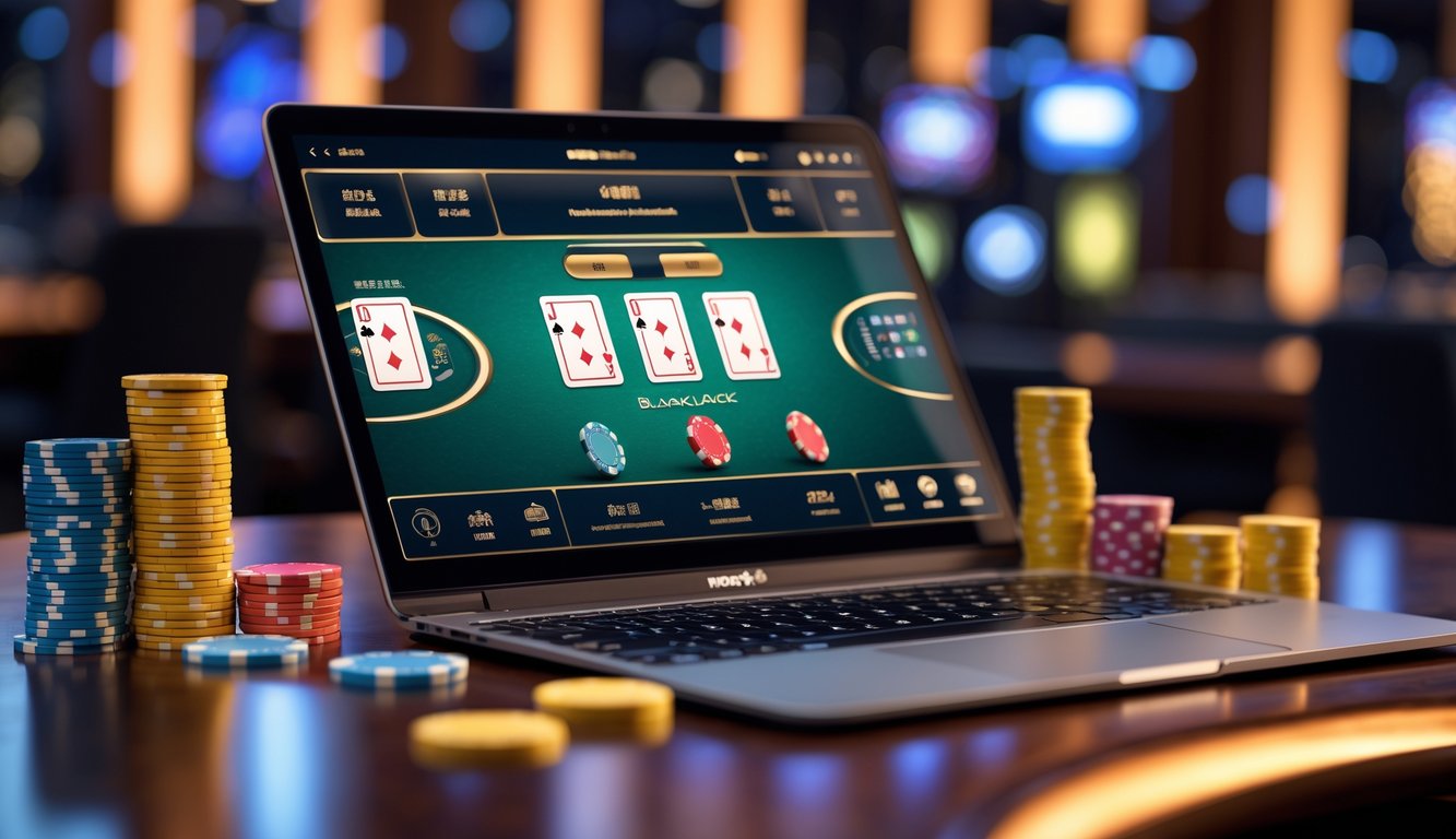 Seorang pemain sedang fokus bermain Bandar Chinese Blackjack online dengan komputer dan tumpukan chip di atas meja kayu.
