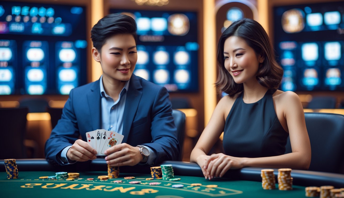 Seorang pria dan wanita Asia bermain kartu Chinese Blackjack di meja kasino dengan ekspresi fokus dan senyum, suasana kasino online yang modern dan terang.