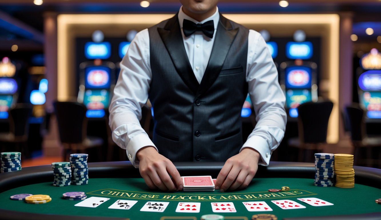 Seorang dealer kasino Asia berdiri di belakang meja blackjack dengan kartu dan chip, di dalam kasino yang terang dan modern.