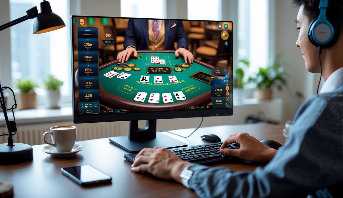 Meja komputer dengan layar menampilkan permainan Bandar Chinese Blackjack online, tangan seseorang sedang menggunakan mouse dan keyboard.