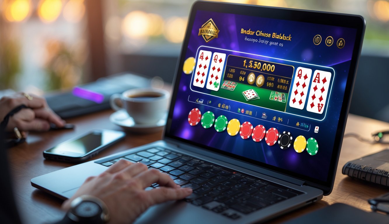 Seorang pemain sedang menggunakan laptop dengan tampilan permainan Bandar Chinese Blackjack online, dikelilingi oleh aksesori bermain seperti ponsel dan kopi di meja.