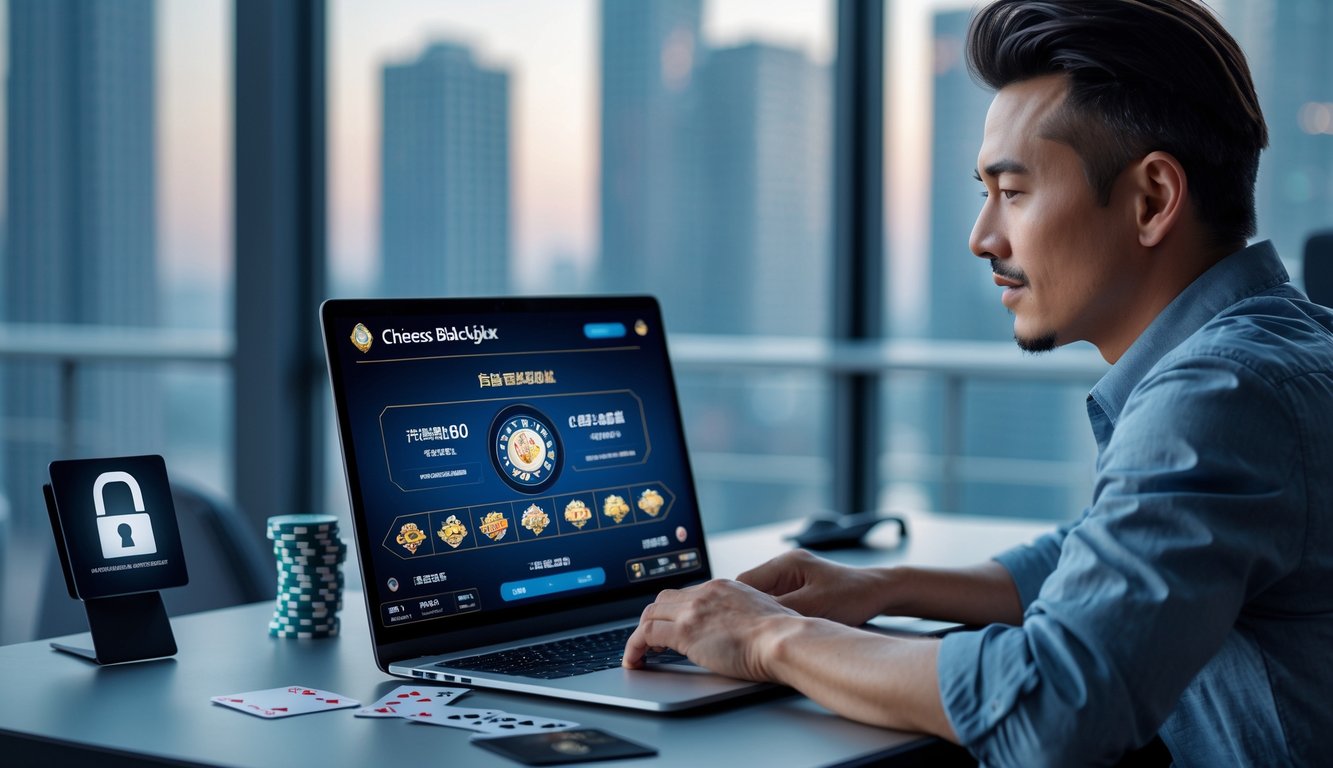 Seorang pria duduk di depan laptop bermain permainan Chinese Blackjack online dengan suasana ruangan modern dan pencahayaan yang nyaman.