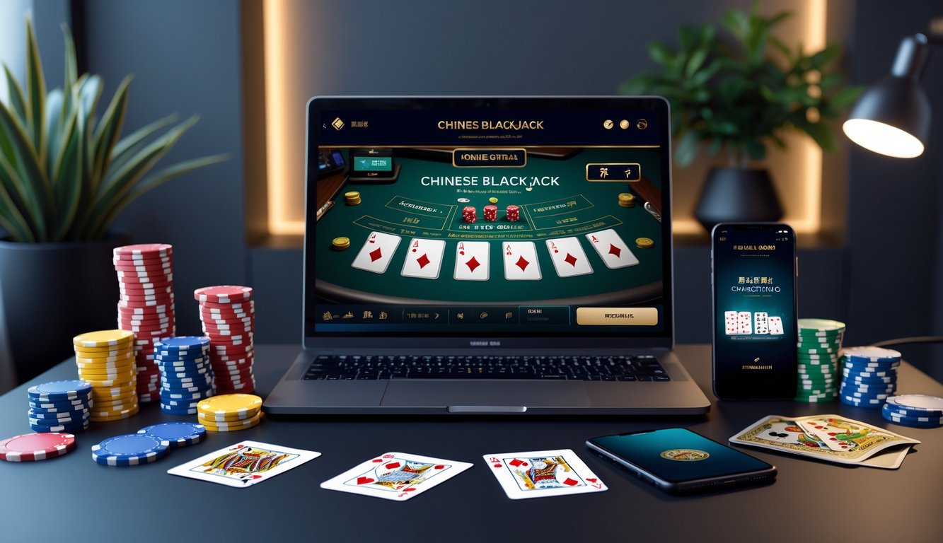 Seorang pemain sedang menggunakan laptop dengan tampilan permainan Chinese Blackjack online, di meja terdapat chip poker dan kartu remi, suasana ruangan terlihat rapi dan nyaman.