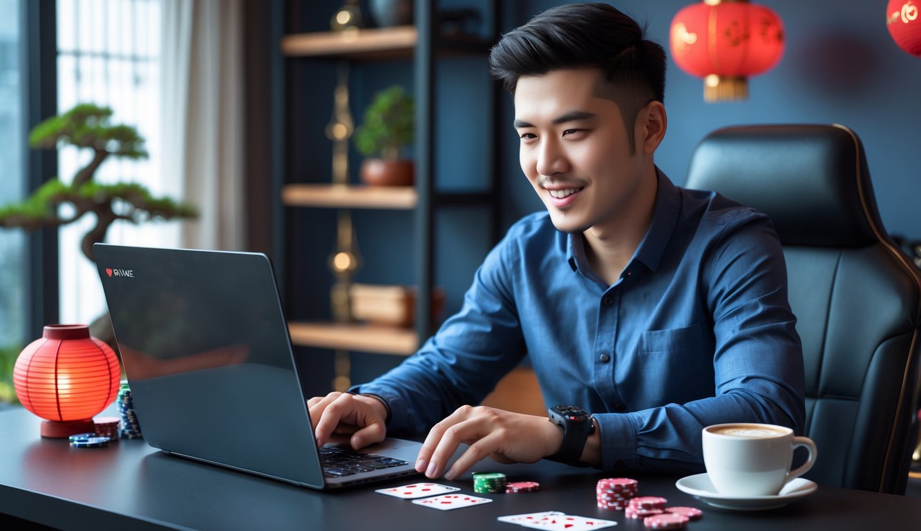 Seorang pria muda duduk di depan laptop bermain Chinese Blackjack online dengan suasana ruangan yang nyaman dan dekorasi bergaya Asia.