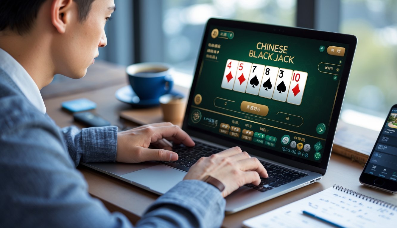 Seorang dewasa muda fokus bermain Chinese Blackjack online menggunakan laptop di meja modern dengan catatan dan kopi di sampingnya.