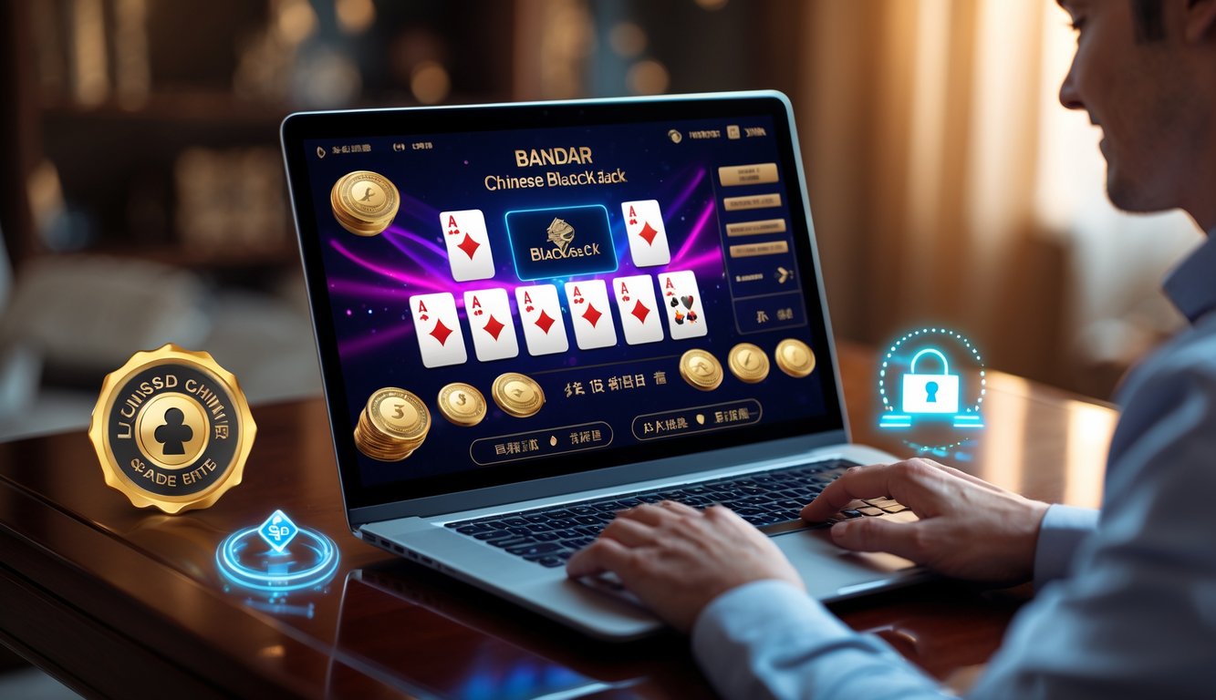Seseorang sedang bermain Bandar Chinese Blackjack online di depan komputer dengan kartu dan chip terlihat di layar.